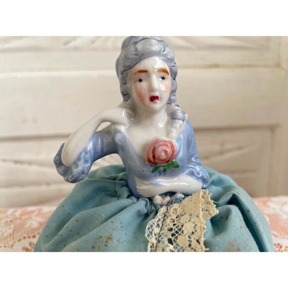 Antique Porcelain Pin Cushion Doll Blue dress with lace - Picture 3 of 10